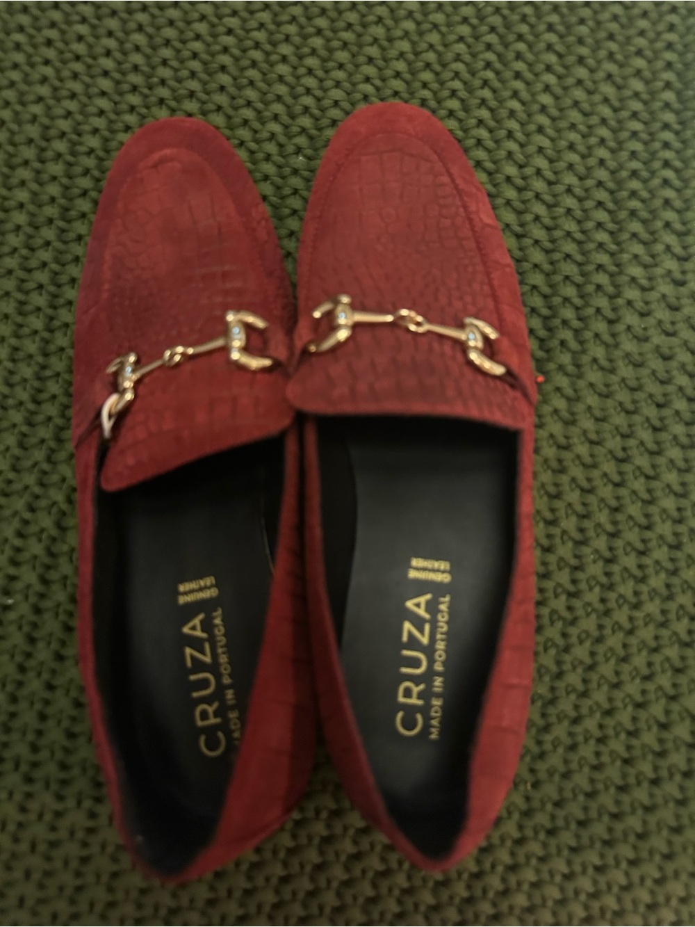 Red Croc-Embossed Leather Loafers with Gold Bit